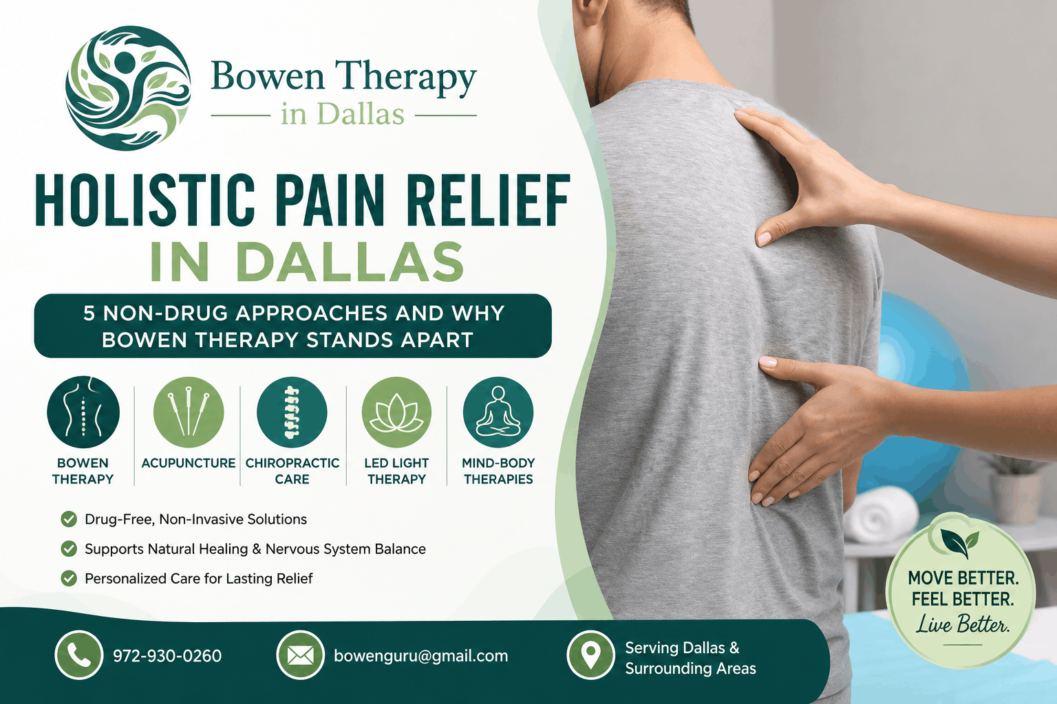 Bowen Therapy session for holistic pain relief in Dallas using gentle hands-on treatment for chronic back, neck, and joint pain
